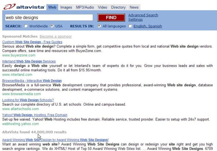 Award Winning Web Site Designs top ranking in Alta Vista!